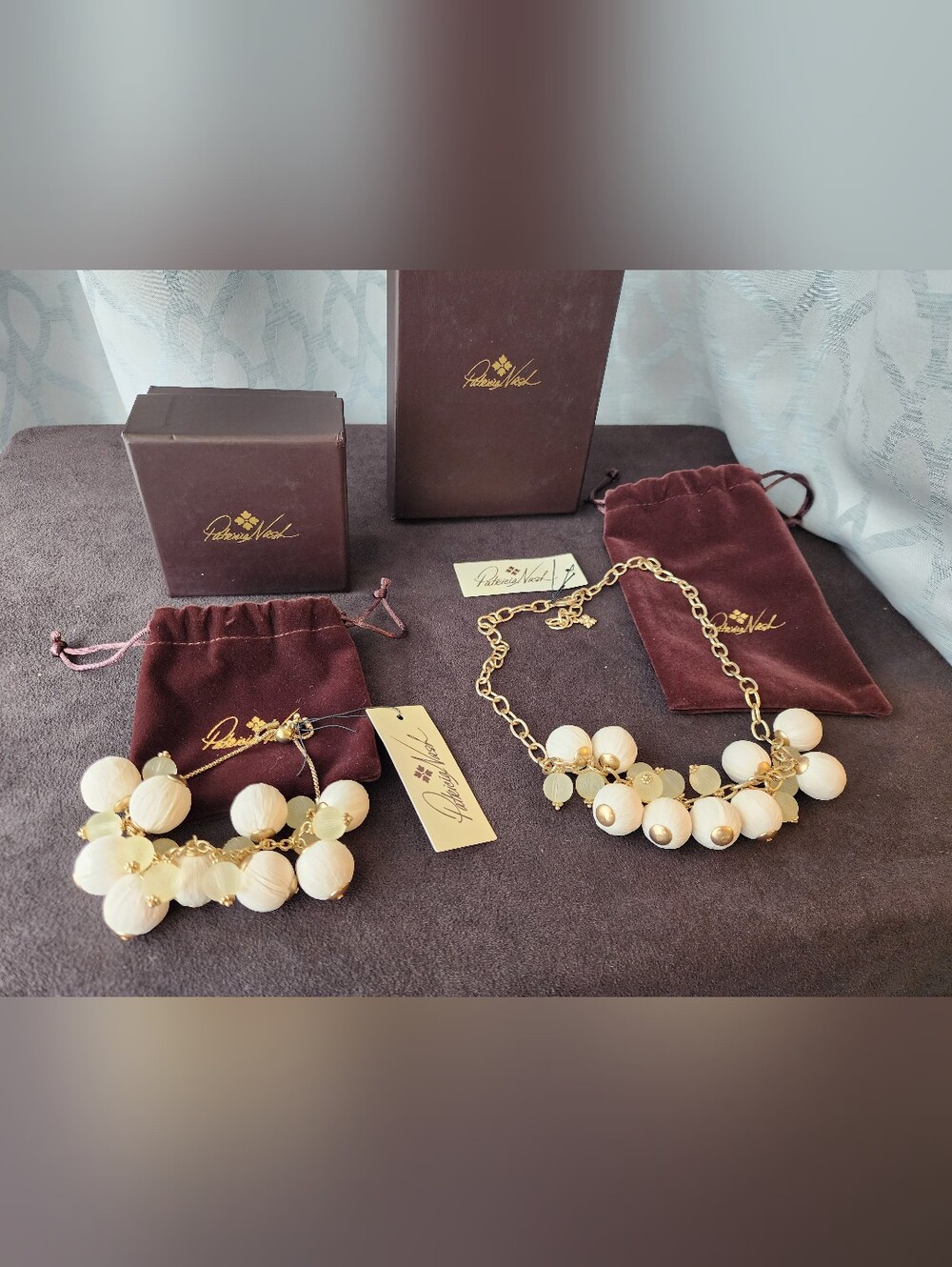 Patricia Nash Cream Raffia & Lucite Statement Necklace & Bracelet Set NWT & Box